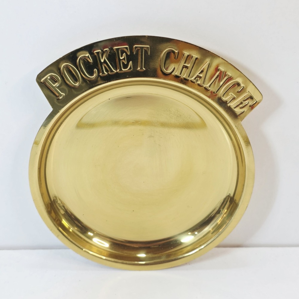 Vintage POCKET CHANGE Brass Tray 5" Trinket Coin Dish Decor Made in Taiwan